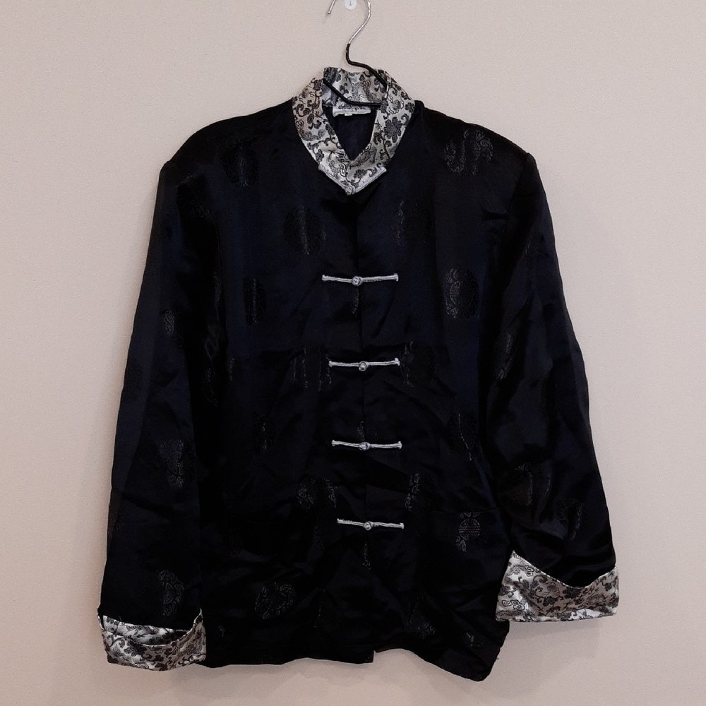 Black and Silver Lightweight Shirt Jacket with Mandarin Collar